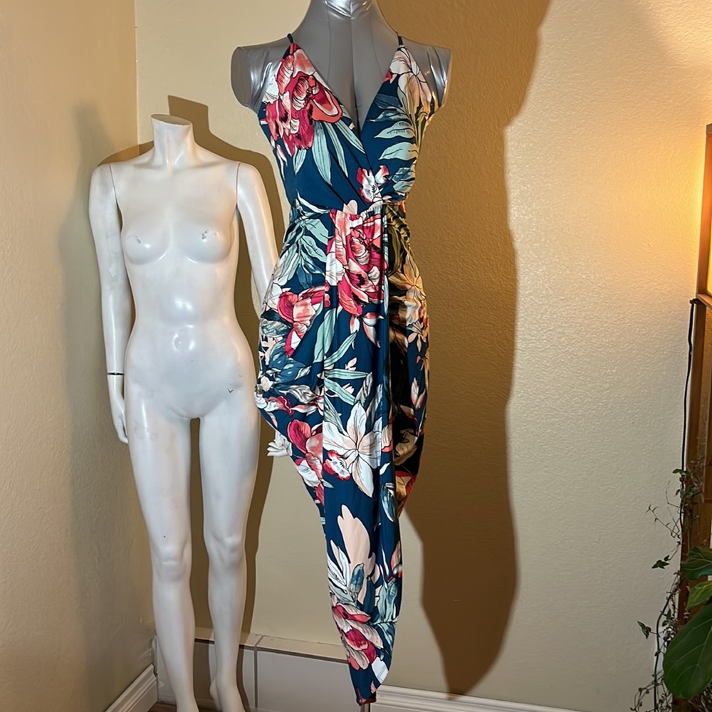 Slinky tropical print teal dress